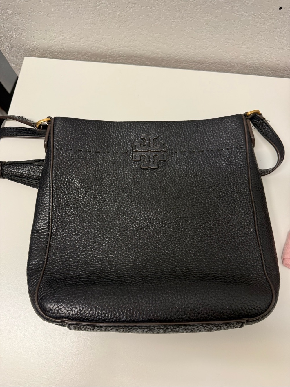 Tory Burch Black Pebbled Leather Messenger Crossbody